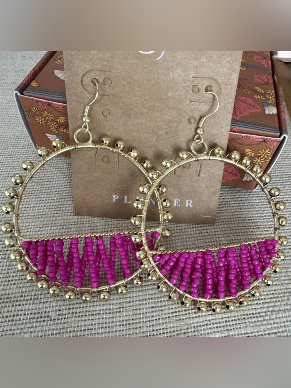 Plunder Gold Hoop Earrings with Bright Pink Beaded Fringe